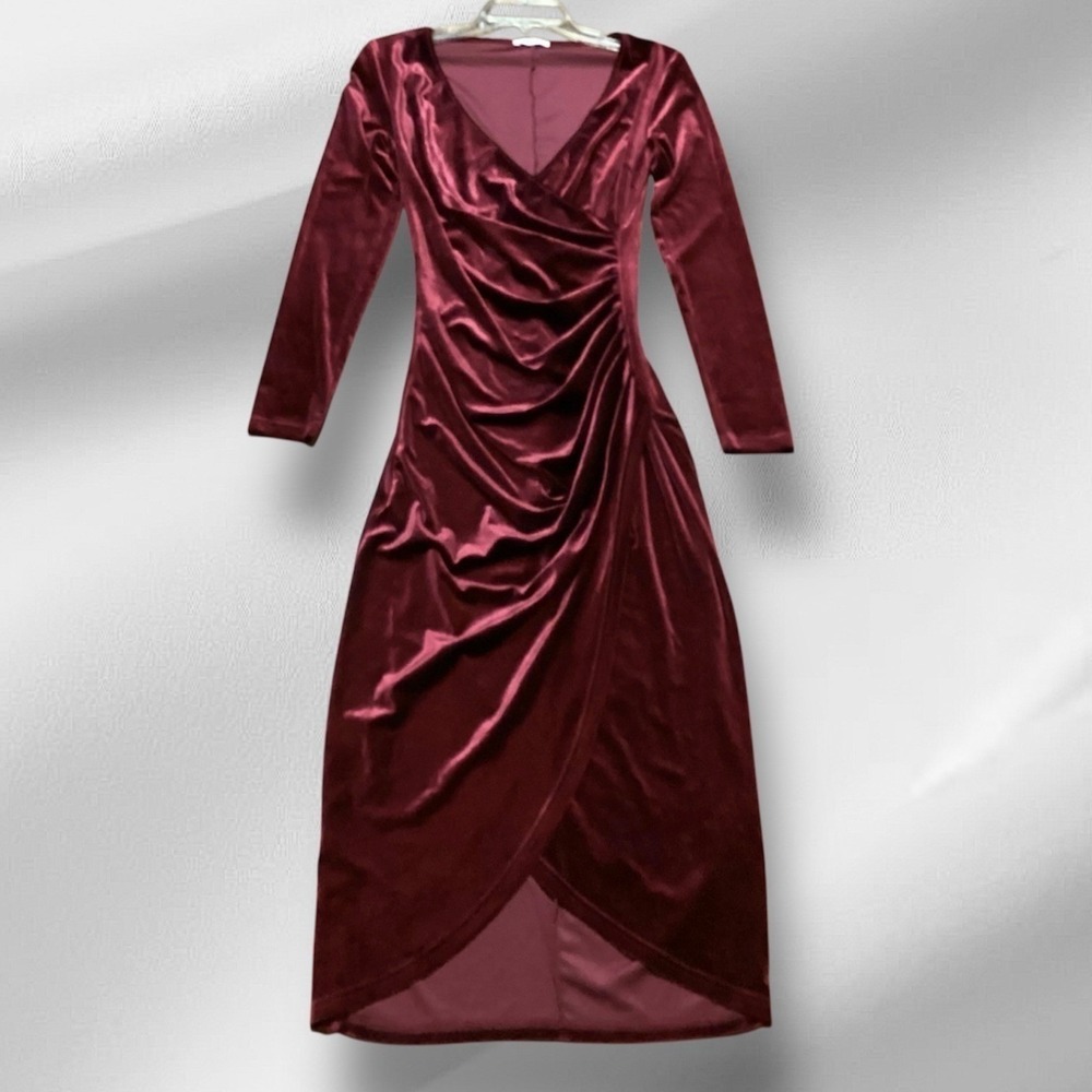 Dirass Velvet Vine Long Sleeve Red Midi Wrap Dress  Size Small